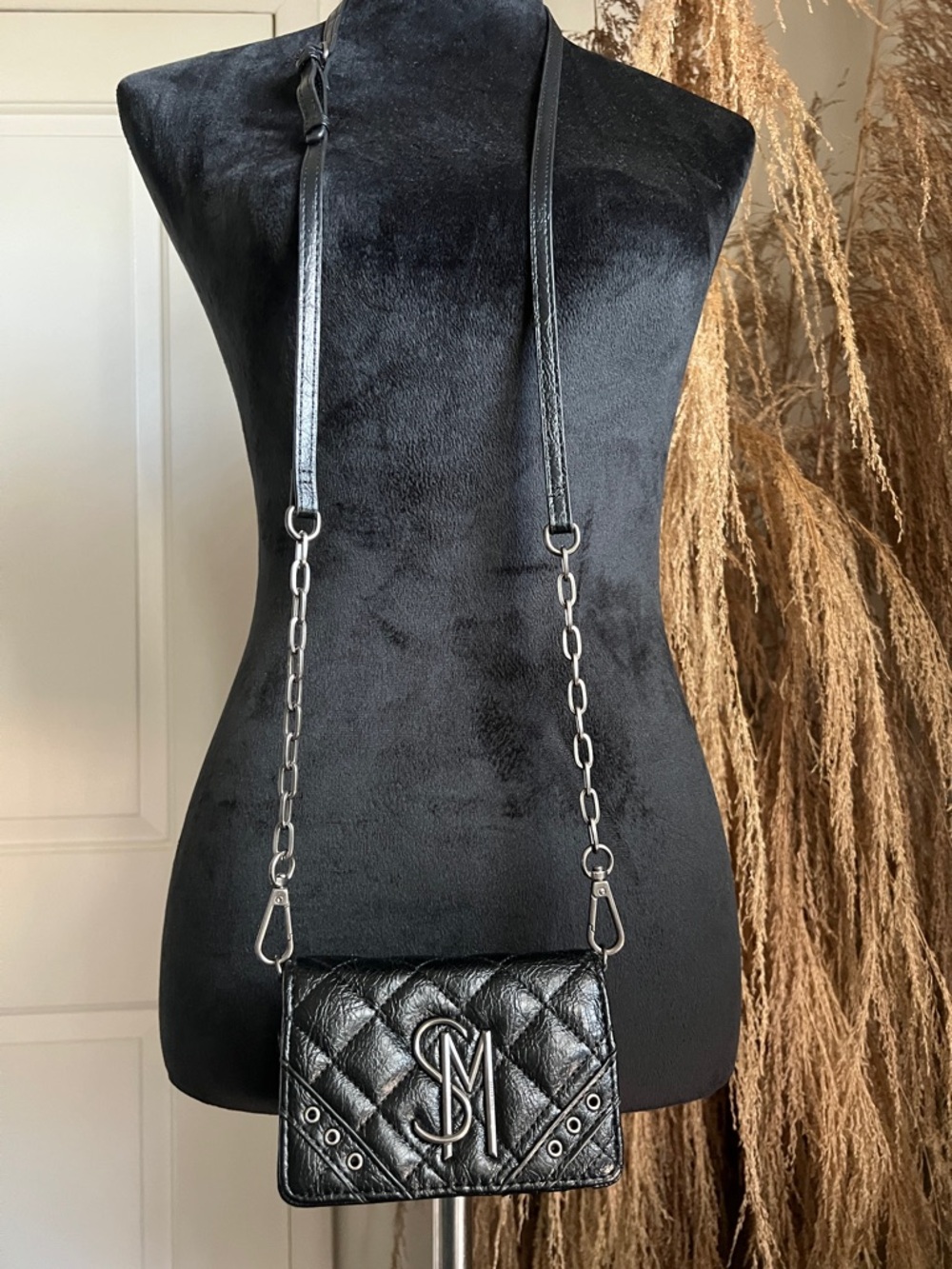 Steve Madden Quilted Black Crossbody Bag with Silver Monogram NNT